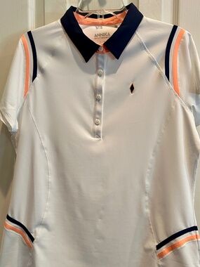 NWOT Annika White Polo with Navy and Orange Trim XL